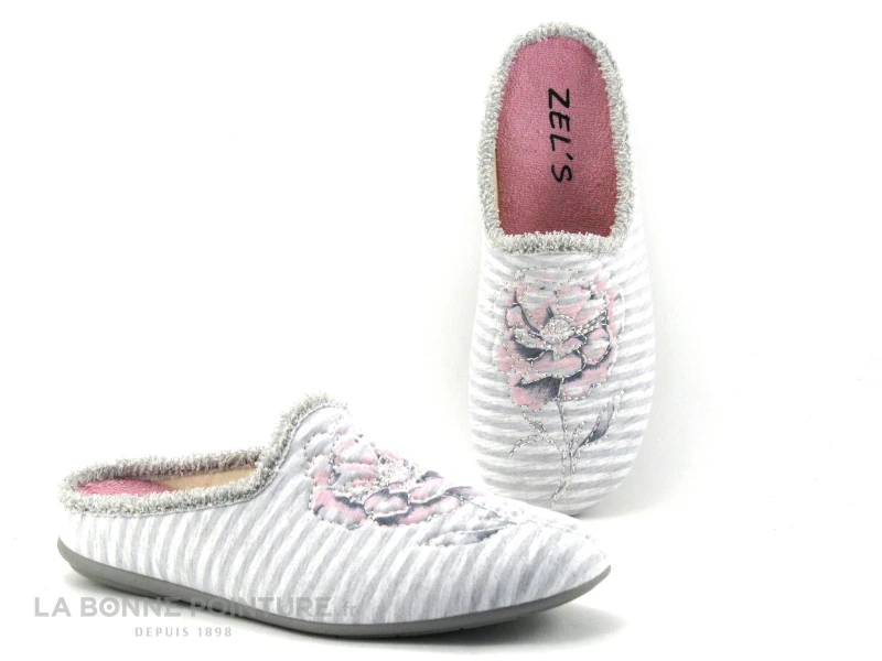 Zels 4594 Gris - Rayures Et Fleur Brodee - Pantoufle Mule Femme 3 Zels 4594 Gris - Rayures Et Fleur Brodee - Pantoufle Mule Femme